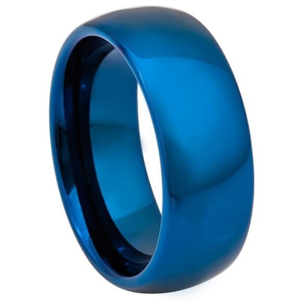 8mm or 6mm Domed Blue Tungsten Ring Wedding Band